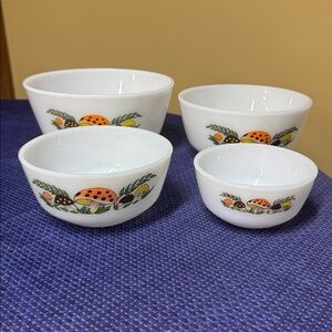 Sold
Anchor Hocking Fire King Merry Mushroom Mixing Bowls Set - 4 Piece Collect